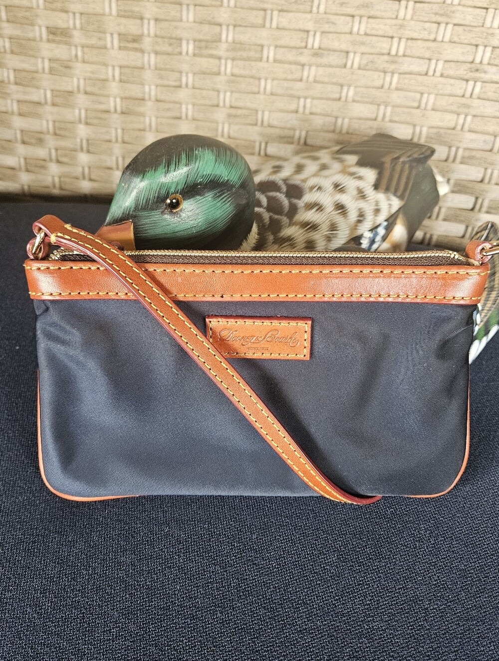 Dooney & Bourke Black Nylon Wristlet with Brown Leather Trim and Strap